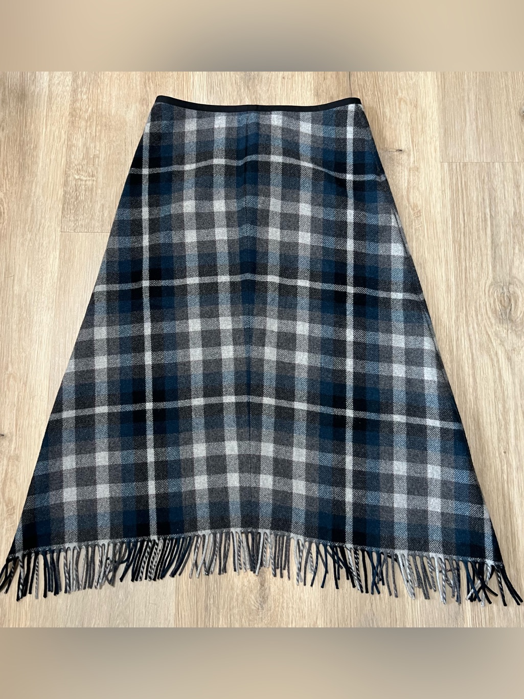 J Crew Wool Blend Plaid Tartan Midi Skirt With Fringe Size 8 Blue And Grey